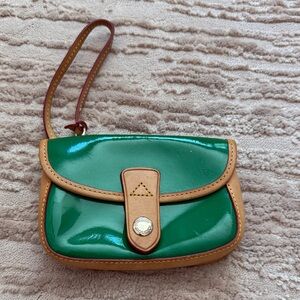 Dooney & Bourke Green Patent Leather Wristlet with Tan Trim